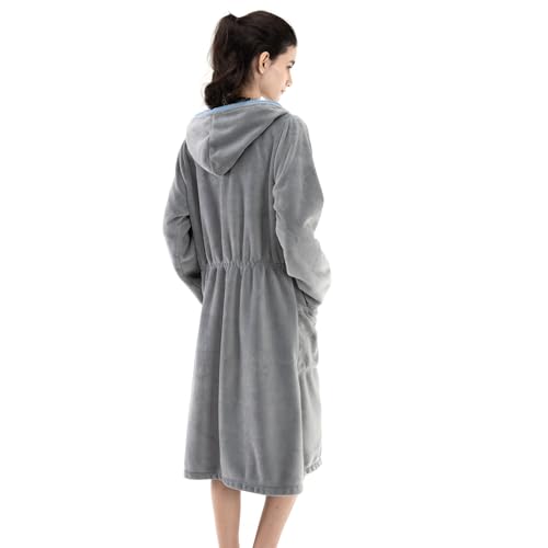 COSUSKET Women's Bathrobe, Zipper Sleepwear Nightgowns Fleece Long Sleeve Zip up Hooded Robes with Pockets House Coat3