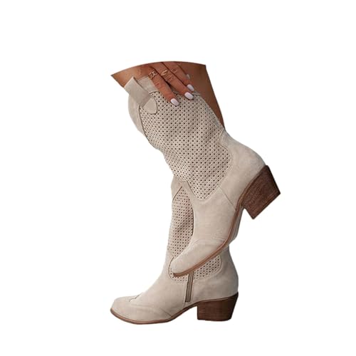 Minetom Stiefeletten Damen Wildleder Cowboystiefel Halbstiefel Schlupfschuhe Niederung Stiefel Kurzstiefel Übergangsstiefel Blockabsatz Ankle Boots Halbhoch Damenstiefel D Aprikose 39 EU