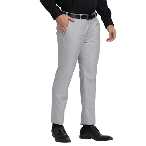 Image of Park Avenue Men's Mid Rise Checks Pattern Super Slim Fit Polyester Blend Flat Front Formal Trouser
