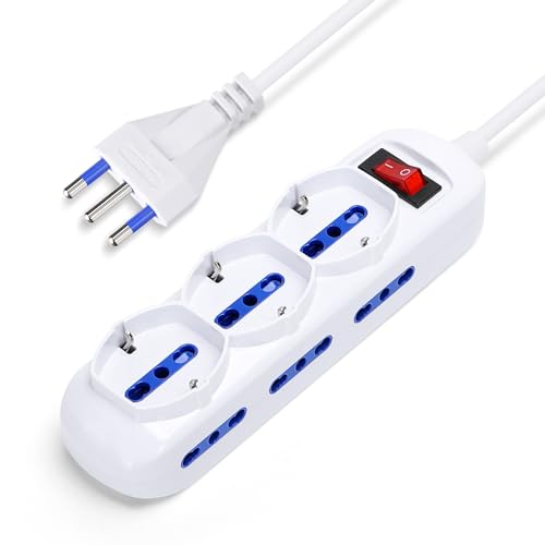 Aigostar Regleta multienchufes de 9 Tomas, 3 enchufes Schuko Multiusos, 6 enchufes Italianos, 10/16 A, 250 V/3680 W, Cable de 5 m, Blanco, Italiano