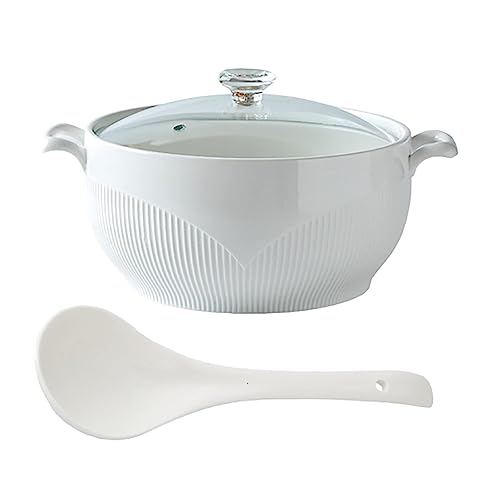 Soupière Ronde en céramique Blanche, soupière en céramique avec Couvercle en Verre et louche, Bol à Soupe en céramique avec Couvercle en Diamant, soupière en céramique for Restaurant, 2600 ML