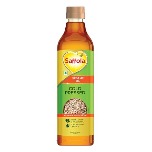 Image of Saffola Cold Pressed Sesame Oil | 100% Cold Pressed Sesame Seed Oil | Unrefined, 0 trans fat, Chemical free | Helps Lower Cholesterol, Goodness of Omega 6 & Authentic Seed Flavour | 1L Pet Bottle