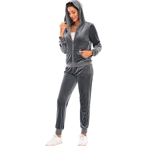 Generico Tute da Donna 2 Pezzi, Abbigliamento Sportivo in Velluto, Felpa con Cappuccio, Zip, Abbigliamento Sportivo con Tasca, Pantaloni Lunghi da Jogging, Tuta da Jogging in Velluto