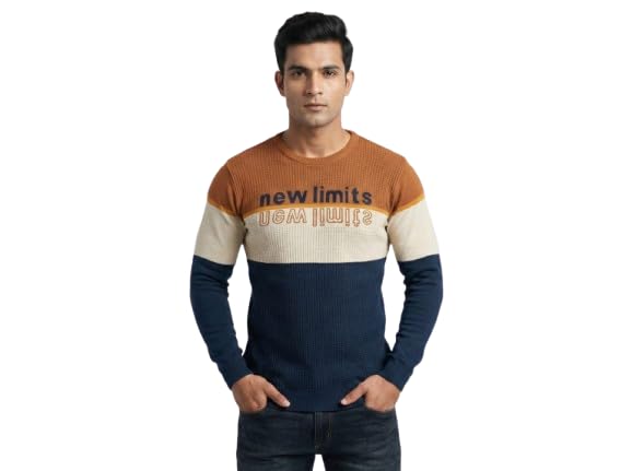myreva Men's Color Block Sweater, Long Sleeve, Rust Orange Beige Navy, New Limits Graphic Print, Crew Neck-picture-12
