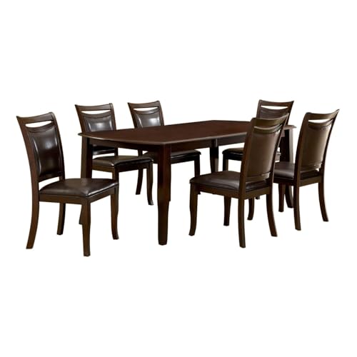Benjara Woody 7pc Dining Table Set, 18-Inch Leaf, Espresso Chairs, Faux Leather, Solid Wood, Wood Veneer and Others