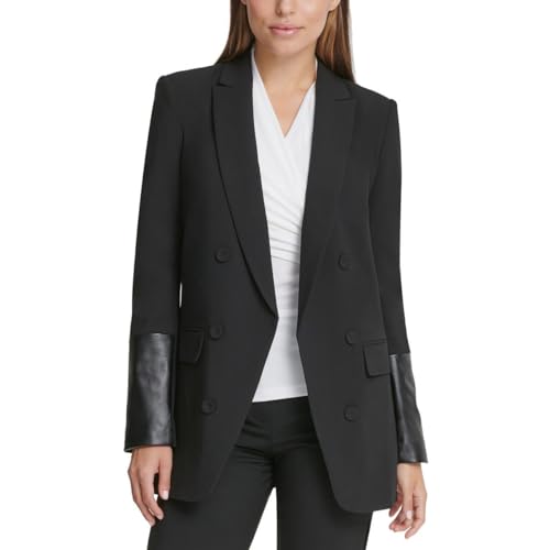 DKNY Womens Petites Faux Leather Trim Double-Breasted Blazer Black 4P