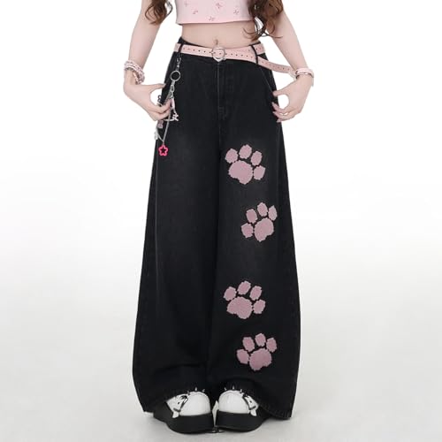 Kawaii Fashion High Waisted Wide Leg Jeans Y2K Casual Harajuku Cute Cat's Claw Patchwork Pants for Women2