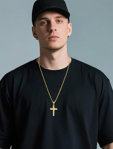 YL Men's Cross Necklace 316L Stainless Steel Jesus Ankh Pendant Rolo Chain Jewelry3