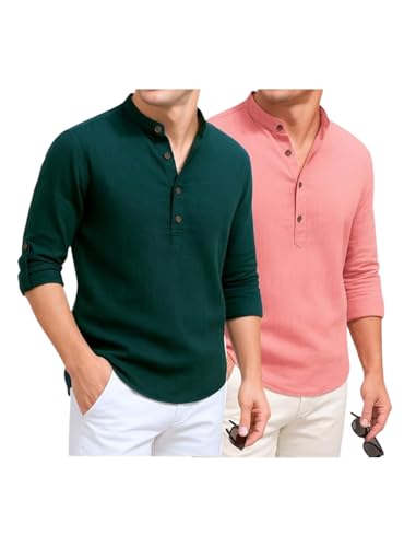 Image of DEEMOON Combo of Men's Cotton Blend Solid Regular Fit Full Sleeve Short Kurta | Men's Trendy Short Kurta Pack of 2 (Available in Plus Size & Combo Packs)