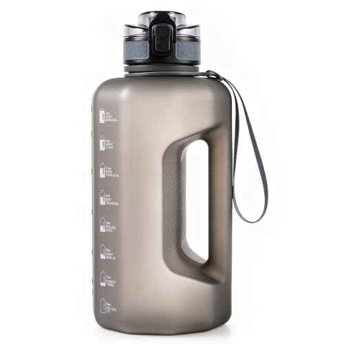 GEMFUL 2.2L Trinkflasche Sport - Große Wasserflasche mit Griff & Zeitmarkierungen - Perfekt für Fitness & Alltag - Immer ausreichend hydriertGrau