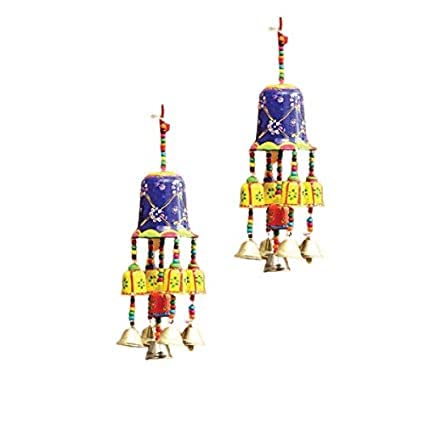 Handicraft rajasthane Wooden Colored Desing Decorative showpice Wind Chimes for Home Balcony Garden Positive Energy, Home Decor Hanging Long Bells Ganesh with Elephant (Set of Piece) Blue