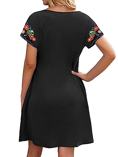 Melliflo Women's Round Neck Short Sleeve Mexican Dress Floral Embroidered Tshirt Dress Ethnic Boho Midi Dresses(Black. Xx-Large) #TOP1