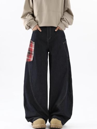 Men's Jeans Spring American Retro Plaid Patchwork Denim Long Pants for Men2