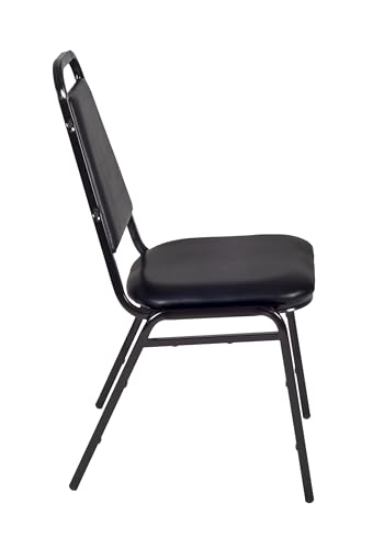 Image of Romig Pillar 36 in. Square Breakroom Table- Neo Walnut & 4 Restaurant Stack Chairs- Black