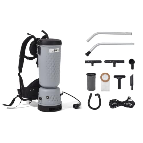 Dapper Commercial Backpack Vacuum Cleaner, 13 lb Lightweight HEPA Filter, 10.5 Qt Capacity, 50 Ft Cord, 1200W for Hard Floors, Carpet, Stairs & Offices