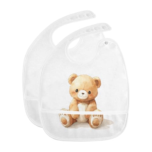MCHIVER Bear Brown Baby Bibs for tag1 Waterproof Feeding Bib Apron with Food Cather Adjustable Cotton Food Eating Bib 2 Pack