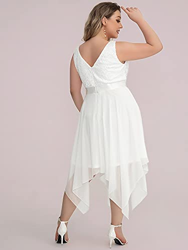 Image of Ever-Pretty Plus Women's V Neck Sleeveless Asymmetric Hem Lace Chiffon Short Summer Plus Size Wedding Guest Dresses Cream US18