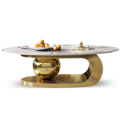 Glintee Exquisite Modern Oval Stone Coffee Table with Abstract Gold Metal Base - Perfect Centerpiece for Stylish Living Rooms-Gold, 51'' Lx28 Wx16.5 H., YL-618GOLD