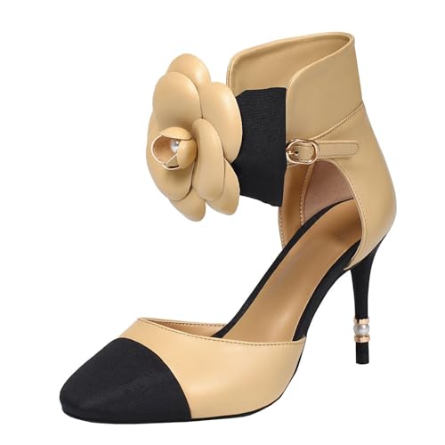 High Heels Womens Stiletto Closed Round Toe Flowers Pumps Ankle Strap Buckle Evening Dress Dance Shoes 8.5cm,Apricot-40