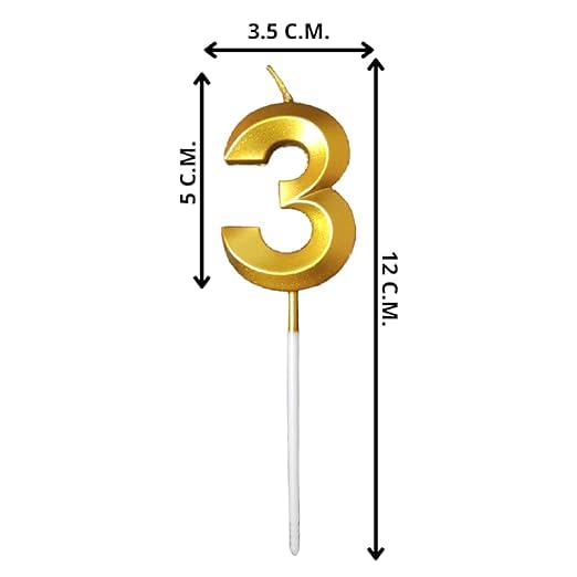 Image of ToyUniverse Number 3 Metallic 3D Gold Candle for Third Birthday, Anniversary, Surprise Party Cake Decoration (Pack of 1)