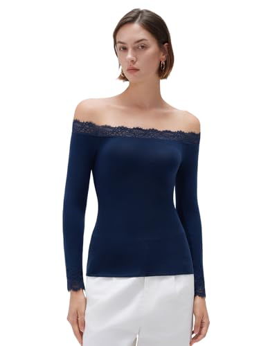 SUUKSESS Cloud Cashmere Women Lace Off Shoulder Long Sleeve Shirt Basic Knit Top