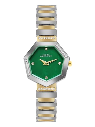 Image of French Connection Mop Green Hexagonal Dial with Gold Two Tone Stainless Steel Strap Watch for Womens - FCN0139TM