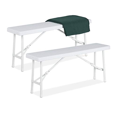 Relaxdays Banc Pliant, lot Pratique de 2, terrasse, Jardin, Camping, Plastique, Pliable, HLP 42 x 100 x 25 cm, Blanc