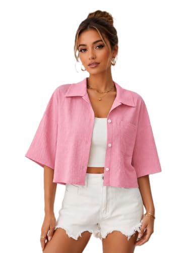 Image of Jacket for Women Stylish Cropped | Trendy Half Sleeve Button Down Casual Top | Loose Fit Shrug for Beach & Resort Outfits | Fashionable Lightweight Jacket (28 K-1-4)