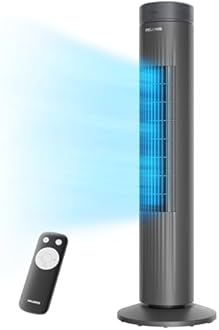 Pelonis Portable Tower Fan, 30" Tall, Grey, 3 Speeds, 90° Oscillation, CycleBoost Technology, 37 dB Quiet Operation, Remote Control