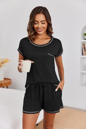 Image of Ekouaer Womens Pajama Sets 2 Piece Soft Short Sleeve Top and Shorts Sleepwear Round Neck Pjs Lounge Set with Pockets
