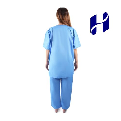 Image of Comfort Scrub Suit for Women - 5-Pocket Set with V Neck Top & Bottom, Half Sleeves, Breathable Fabric - Durable Uniform for Doctors, Nurses, and Dentists in Sky Blue (L, BLUE)