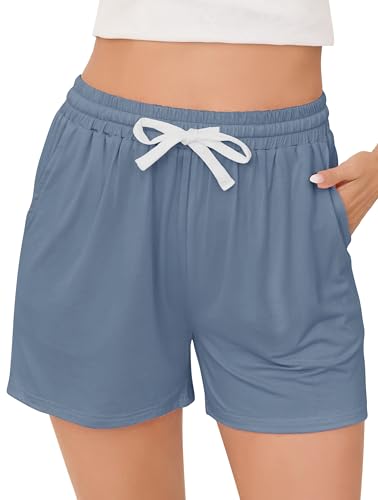 Vlazom Damen Schlafanzughose Baumwolle Pyjamahose Nachtwäsche Kurz Freizeit Hose mit Taschen und Kordelzug(L,Stil A-Grau...
