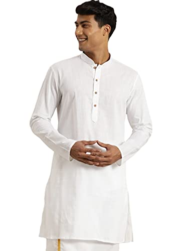 Image of VASTRAMAY Men Cotton Linen Solid Kurta | Cool & Breathable Ethnic Wear with Mandarin Collar for Eid, Holi & Festive Occasions