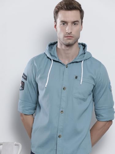 Image of Indian Garage Men's Slim Fit Solid Cotton Hooded Shirt Features Hooded Collar, Regular Placket, Full Sleeves, one Patch Pocket, Regular Length, Straight Hem and Button Closure.