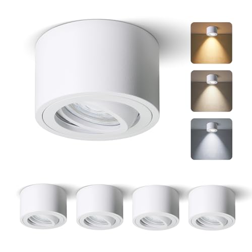 Mega lumen Plafonnier Spot Salle de Bain IP65 Saillie 5W 520lm 3CCT 4xSpots LED Plafond Aluminium Orientable Ø80x50mm Module Plafonnier LED for Cuisine Couloir Blanc 230V IRC90+