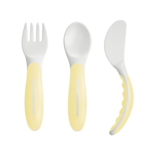 MAM Eetbestek bestaande uit mes, vork en lepel, 3-delige bestekset met antislip handgrepen, veilig babybestek voor links- en rechtshandigen, vanaf 6 maanden, geel