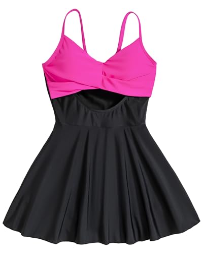 Girl Swimsuit One Piece Bathing Suit V Neck Girls Black Swimsuit Tummy Control Girls' Swimwear Skirt Size 10Y Yizuoding0001HOT Pink