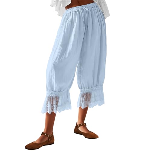 KOTHEN Carpi Ballon Pants for Women Ruffle Bloomers Lace Trim Y2k Pantaloons Mid Rise Cropped Pants Vintage Casual Sky Blue