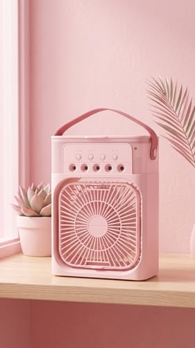 Image of Portable Mini Air Cooler Fan, Pink, 3 Wind Speeds, 3 Spray Modes, 7 Colour LED Light, 1 /2 /3 Hour Timer, for Home, Office and Travel