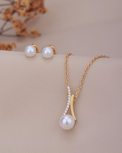 Image of Carlton London 18kt Gold Plated with Pearl Fancy Necklace with Earring Set for women
