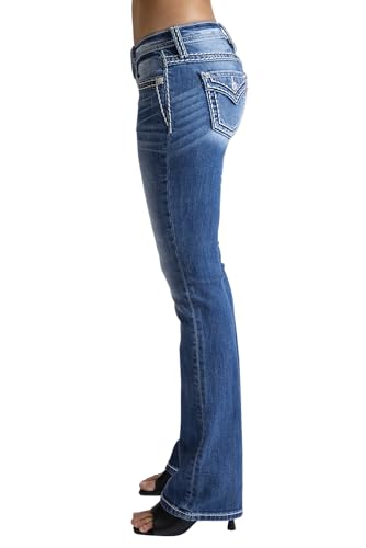 Miss Me Women's Saddle Stitch Faux Flap Pockets Low-Rise Bootcut Jeans3