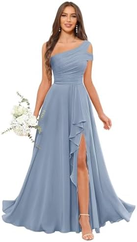 One Shoulder Bridesmaid Dresses for Women Long A-Line Ruched Ruff...