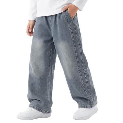 Keyck Jean Baggy Garçon Enfants Pantalon en Denim avec Taille Élastique Multiples Poches Loose Fit Décontracté Large Long Jeans Casual Mode Streetwear Ado Pant pour 12-13 Ans, Bleu Clair