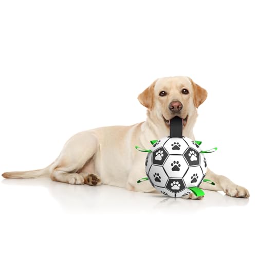 QDAN Dog Toys Soccer Ball with Straps：Durable Balls for Large Dogs, Outdoor Dog Toys, Puppy Birthday Gifts (7 Inch)