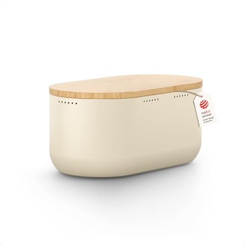 Image of LARS NYSOM Bread Box I Metal bread box for long lasting freshness with non-slip pads I Baked goods Bin with bamboo lid usable as cutting board I 13.6x7.3x6.2in (Almond Beige)