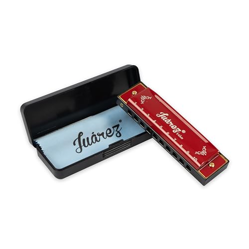 Image of Juarez Key C Diatonic Blues Harmonica 10 Hole 20 Tones with Case & Cleaning Cloth | Phosphor Bronze Reeds, ABS Comb | Mouth Organ for Beginners, Kids, Students & Professionals, Red