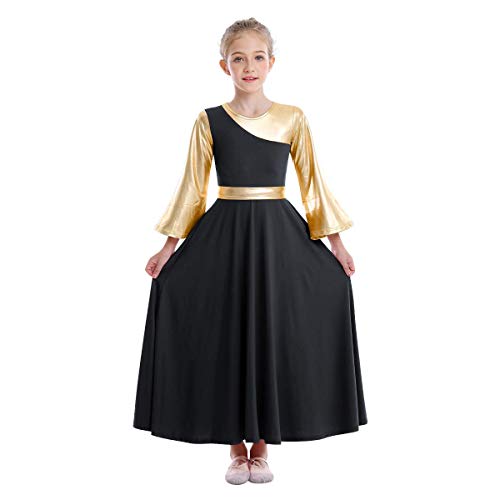 Praise Dance Dresses for Girls Gold Metallic Color Block Liturgical Church Dancewear Loose Fit Full Length Long Bell Sleeve Tunic Robe Lyrical Skirt Worship Praisewear Kids Costume Black + Gold 13-14Y