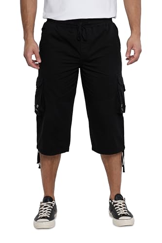 X RAY Mens%100 Cotton 18 Inseam Elastic Waistband Long Cargo Shorts Below Knee Length (3/4) Men Cargo Short Pants | X Black