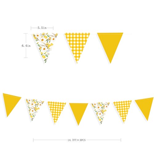 Image of 44Ft Daisy Party Decoration Yellow Buffalo Plaid Floral Daisy Banner Bunting Hanging Paper Triangle Garland for Spring Birthday Wedding Bridal Shower Engagement Bachelorette Baby Shower Party Supplies