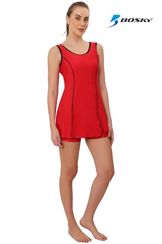 Image of BOSKY Women Frock Style One Piece Swimming Costume Stretchable Swimwear Ladies Swimsuit Flexible Fit Sleeveless Swim Dress Suit Set